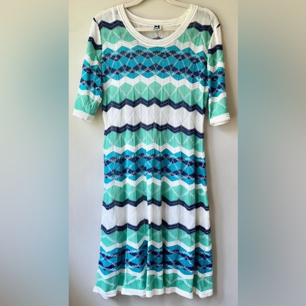 EUC Missoni Midi Knit Half-Sleeve Scoop Neck Dress + Slip, Blue/Aqua/White Sz 12